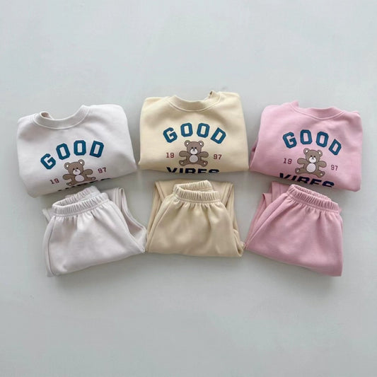 Conjunto de sudadera con logo y estampado de osito y pantalón largo para bebé y niños 【mh0014632】