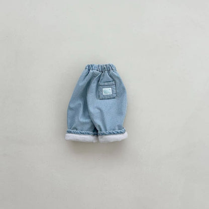Pantalones largos de mezclilla con forro polar para bebés y niños 【mh0014653】