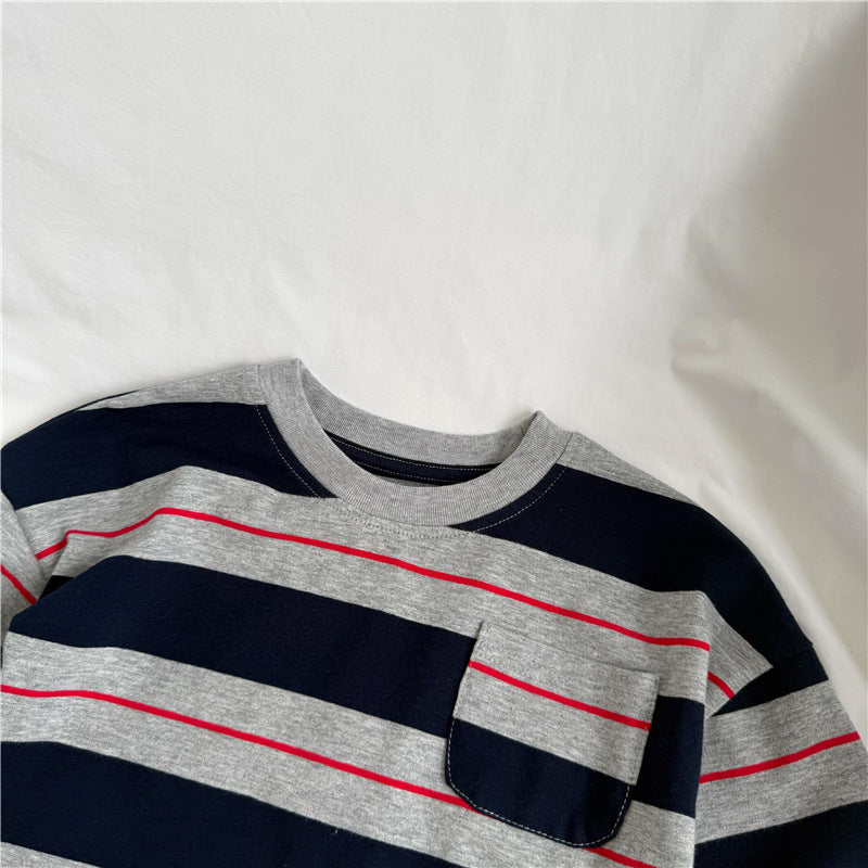キッズ ボーダー ポケット ドロップショルダー ルーズ 長袖Tシャツ【mh0014342】