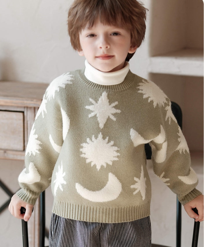 ニットセーター 星 月柄 カジュアル くすみカラー トップス【mh0011574】