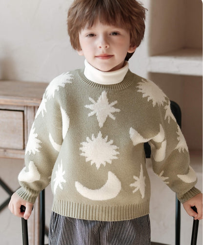 ニットセーター 星 月柄 カジュアル くすみカラー トップス【mh0011574】