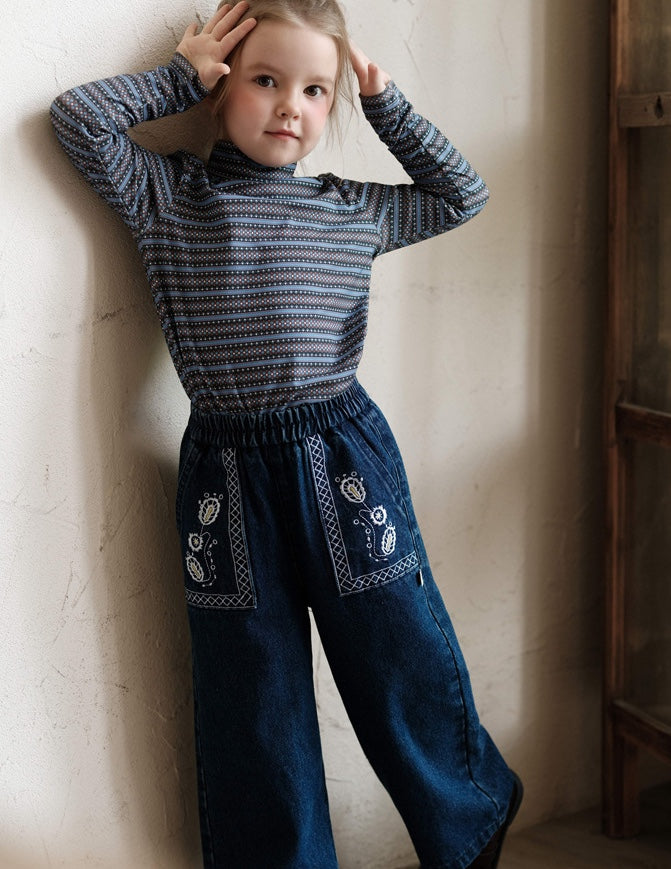 ワイドデニムパンツ 刺繍 ジーンズ キッズ 女の子 ボトムス【mh0011568】