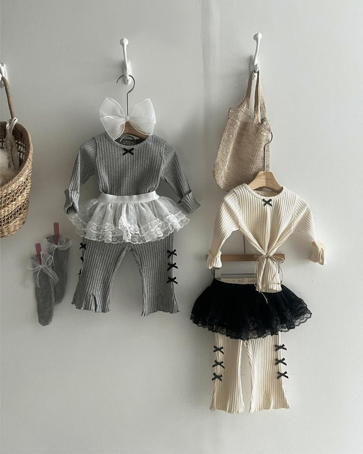 ベビーセットアップ リブニット リボンデザイン ホームウェア【mh0011637】