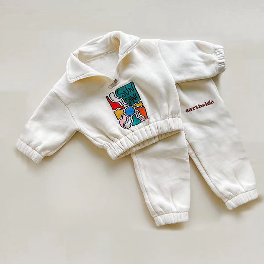 Conjunto de sudadera con media cremallera y estampado gráfico y pantalón largo para bebé y niño【mh0014634】