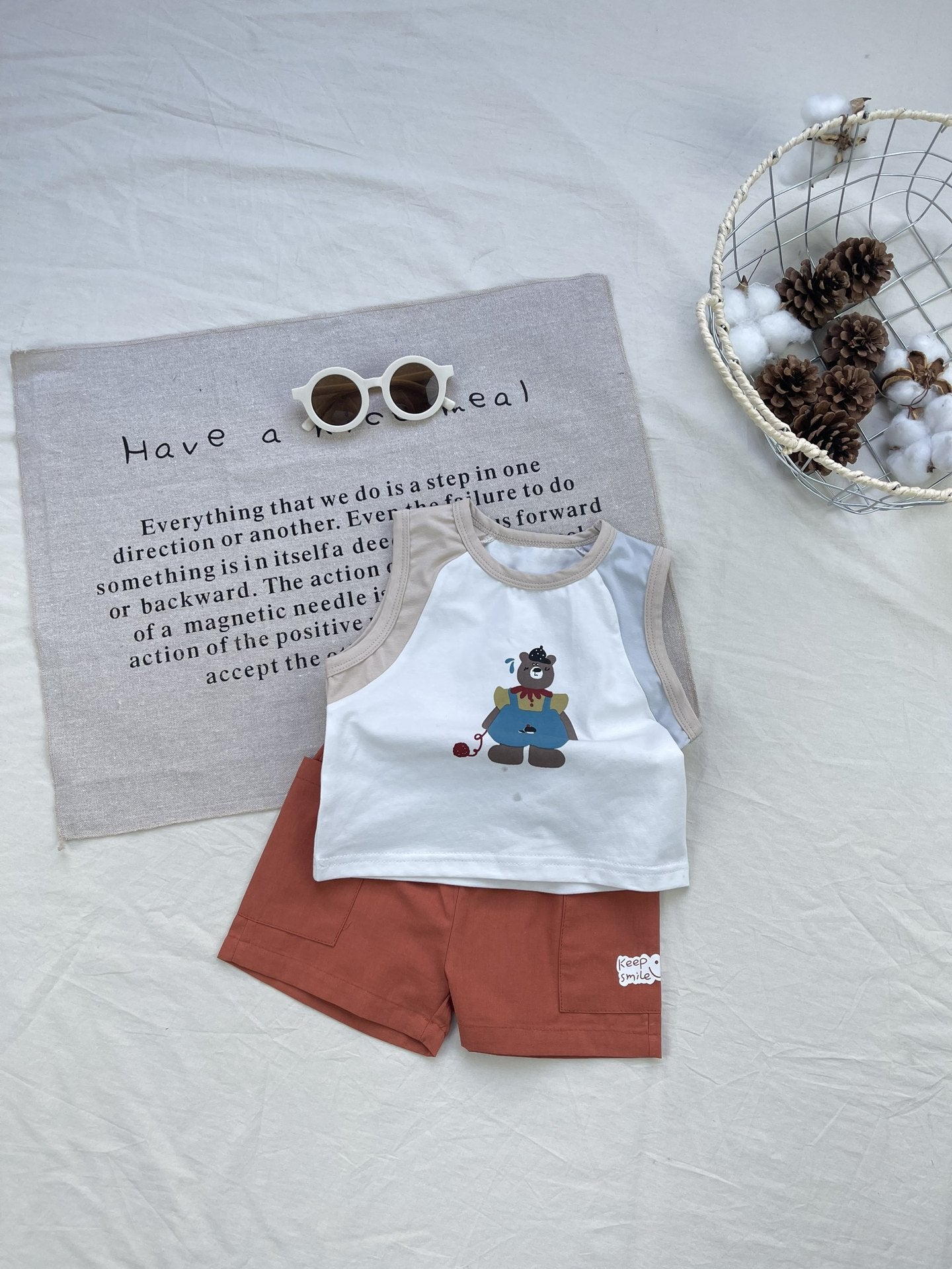 Bear Contrast Graphic Vest Set クマ ノースリーブTシャツ ショートパンツセット【mh0012922】