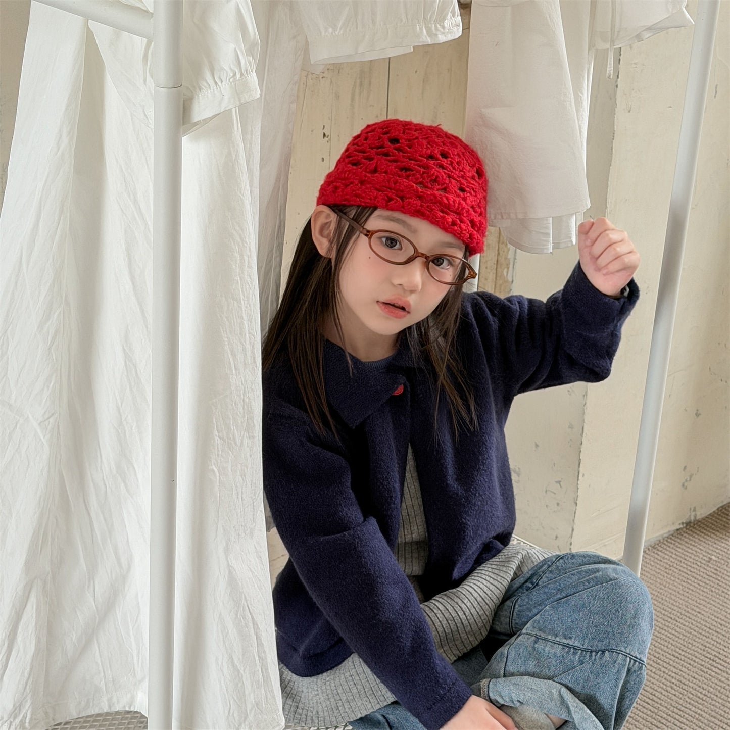 Kids' Polka Dot Collared Button-Up Long-Sleeve Knit Cardigan [mh0014056]