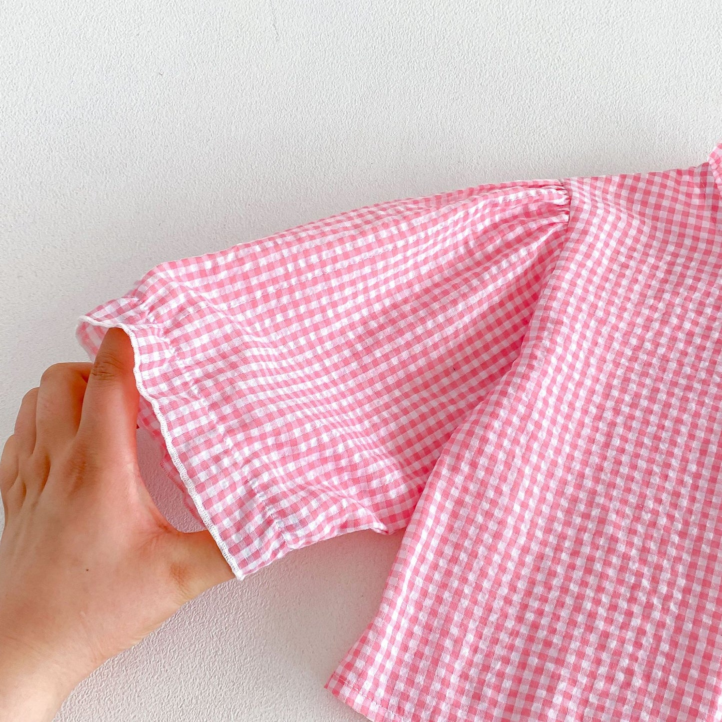 Blusa de manga larga con estampado de cuadros vichy para niños, con bordado floral y peto con pantalón [mh0014043]