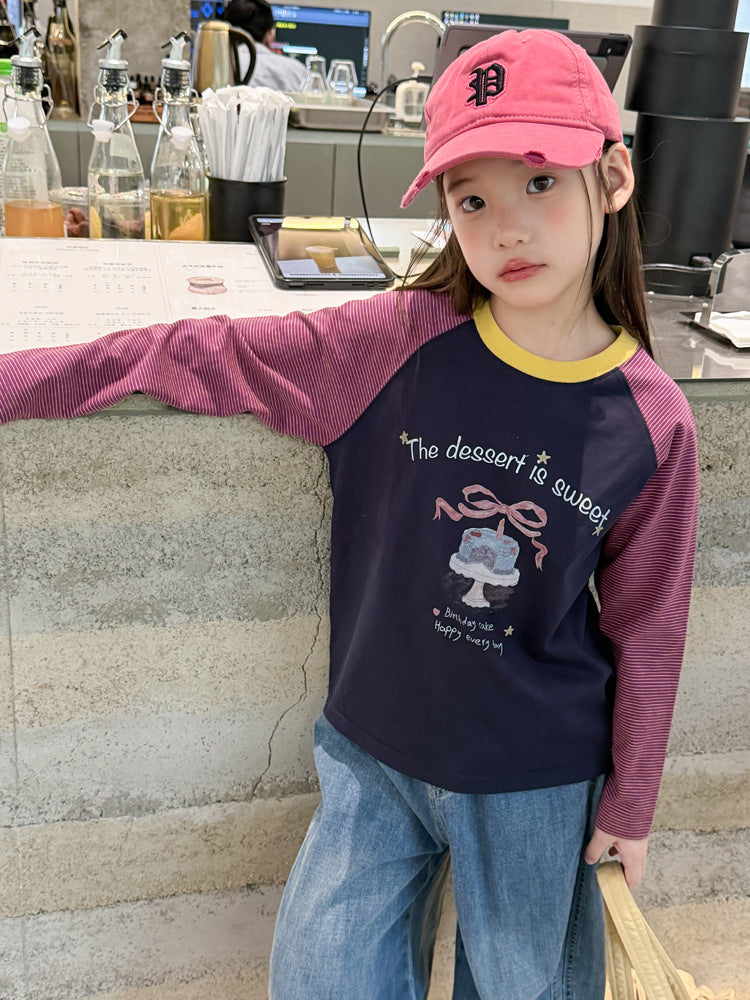 キッズ ジュニア 配色 バイカラー ラグラン プリント 長袖Tシャツ【mh0014416】