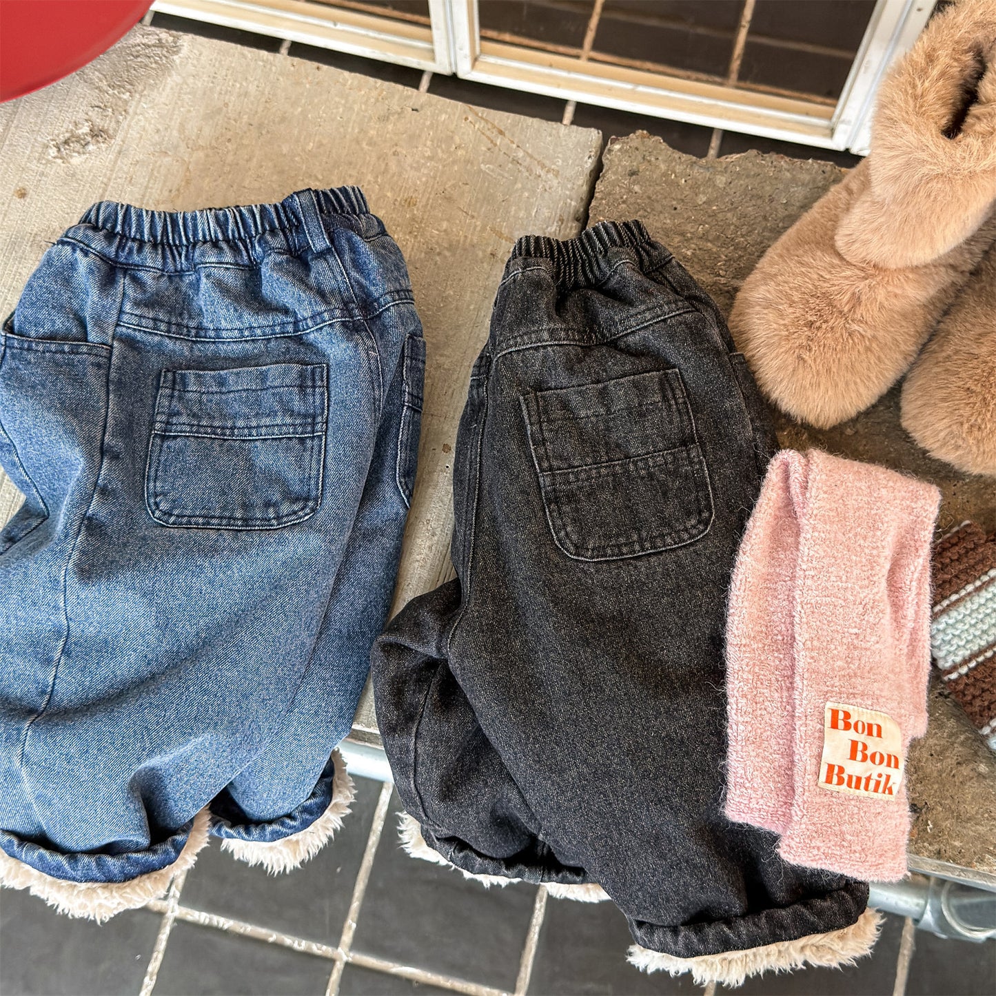 デニムパンツ 裏ボア 裾ボア ドッキング ゆったり ボトムス【mh0011610】