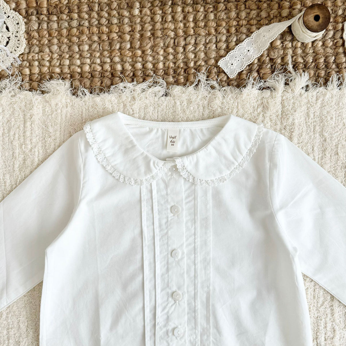 キッズ フラワー 透かし編み フリル 刺繍 ニット ベスト 長袖 ブラウス【mh0014609】