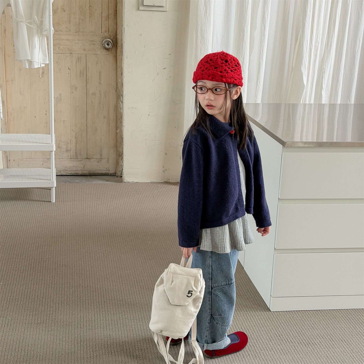 Kids' Polka Dot Collared Button-Up Long-Sleeve Knit Cardigan [mh0014056]