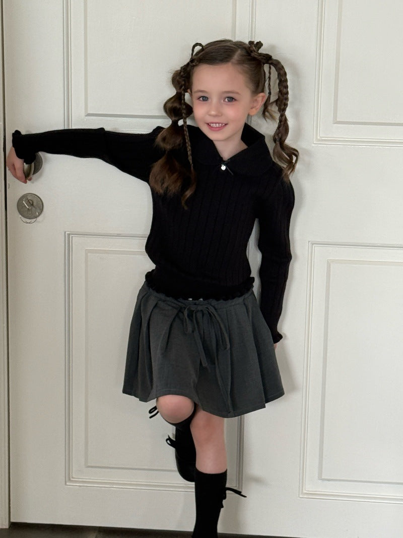 Kids' Ribbed Knit Round Neck Long-Sleeve Pullover with Frills