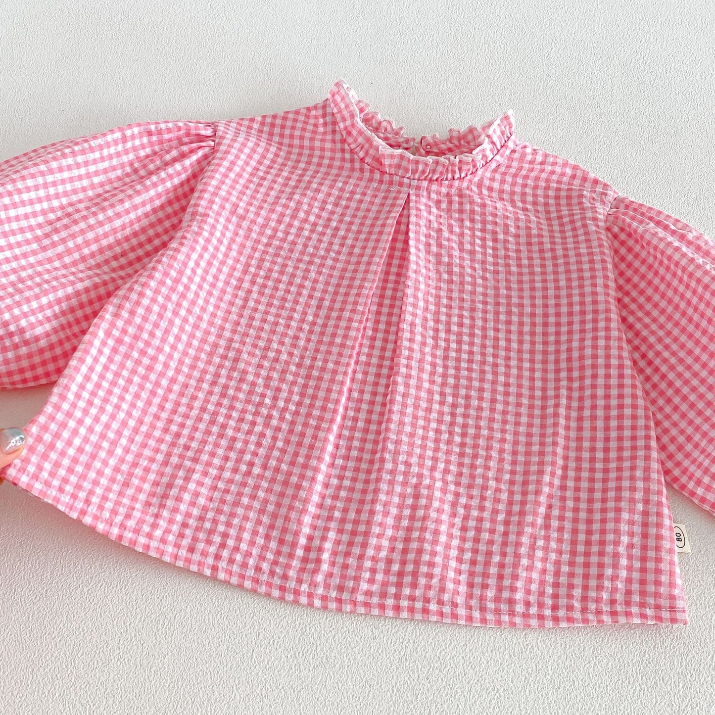 Blusa de manga larga con estampado de cuadros vichy para niños, con bordado floral y peto con pantalón [mh0014043]