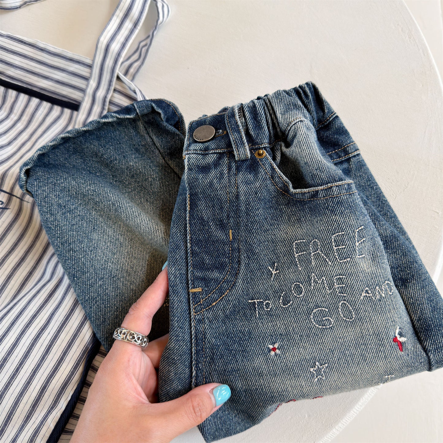 Kids' Hand-Drawn Print Pocket Loose Denim Pants [mh0014063]