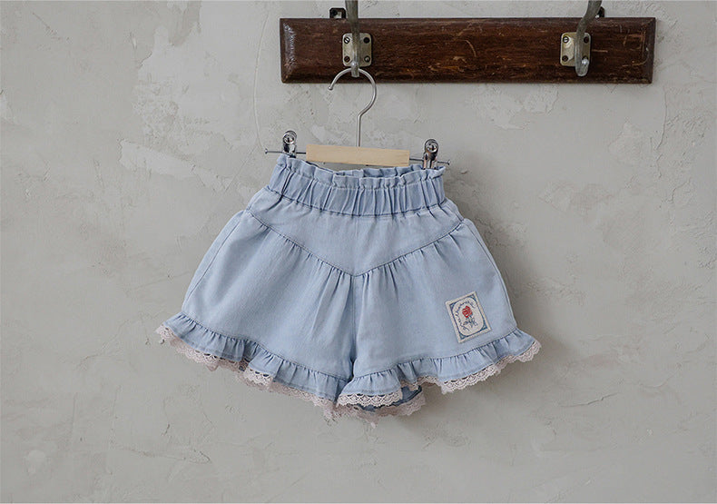 Lace Print Denim Shorts フリル デニムショートパンツ【mh0012981】