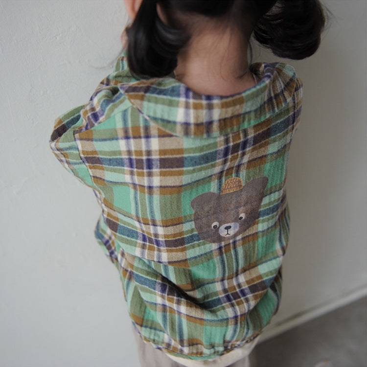 Bear Graphic Plaid Flannel Shirt クマ プリント チェック柄 シャツ【mh0012679】
