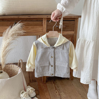 Hooded Striped Denim Layered Jacket ストライプ フード デニム ジャケット【mh0012720】