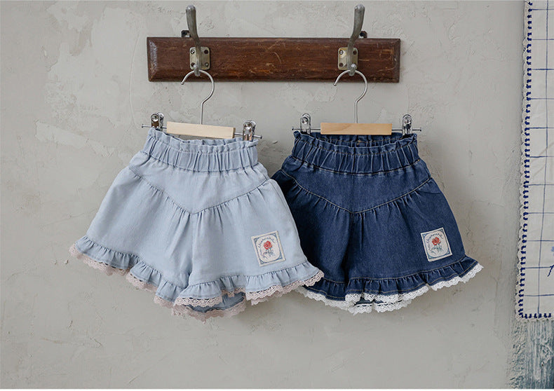 Lace Print Denim Shorts フリル デニムショートパンツ【mh0012981】