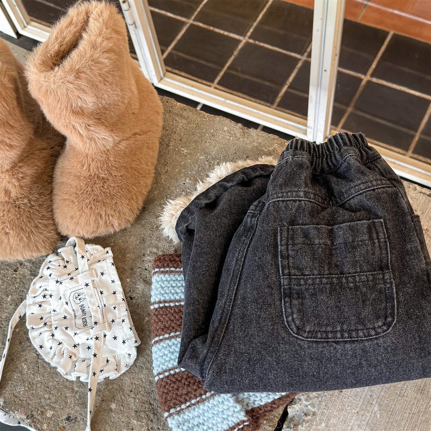 デニムパンツ 裏ボア 裾ボア ドッキング ゆったり ボトムス【mh0011610】