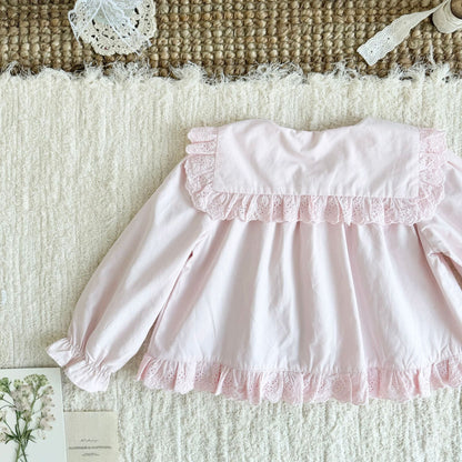 キッズ 刺繍 レース フリル 丸襟 長袖ブラウス【mh0014611】
