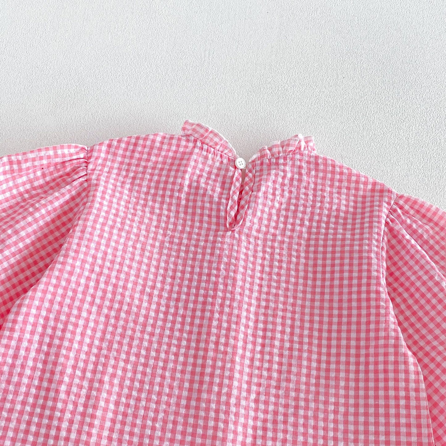 Blusa de manga larga con estampado de cuadros vichy para niños, con bordado floral y peto con pantalón [mh0014043]