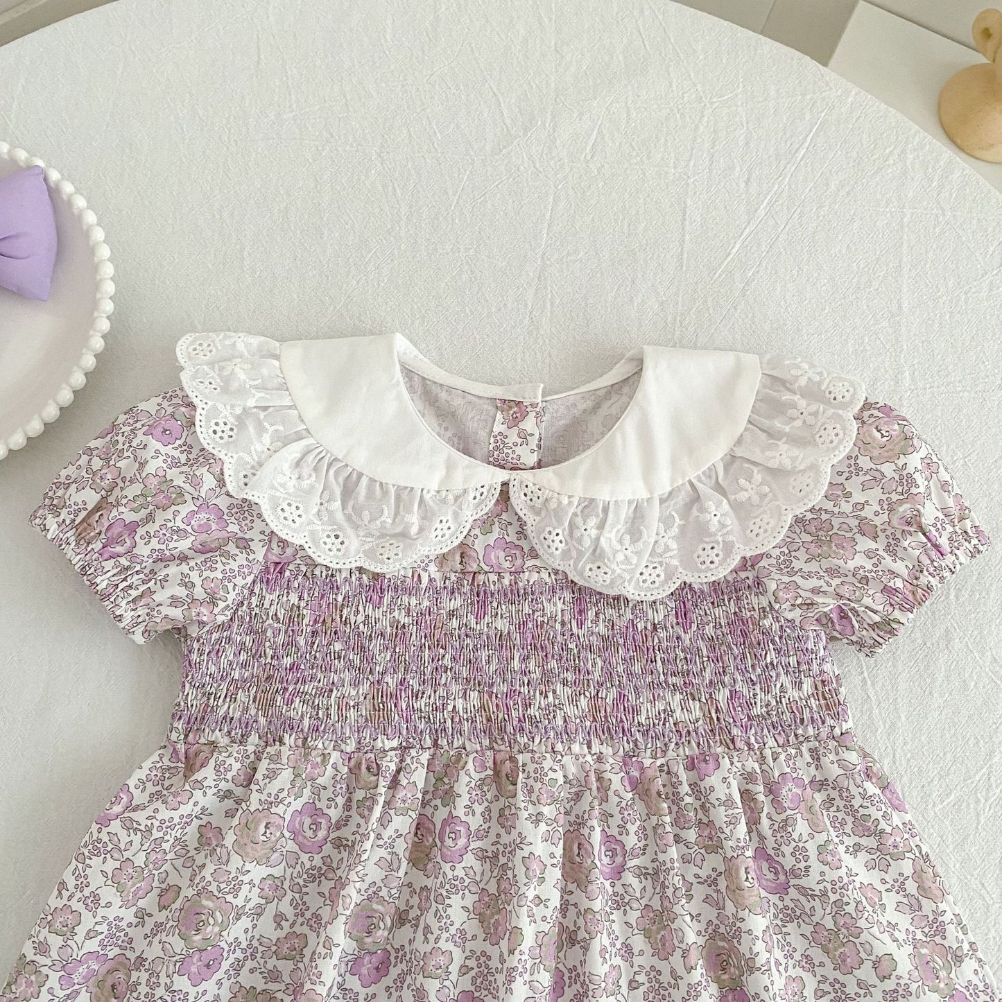 Floral Lace Collar Dress Romper Vestido con cuello de volantes y mangas cortas Mameluco de manga corta【mh0013156】