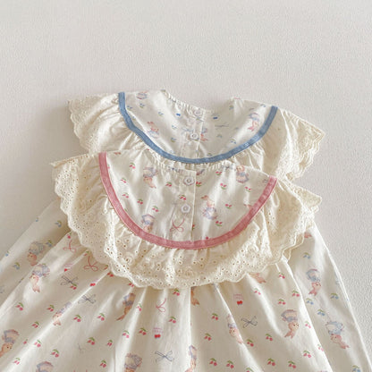 Rabbit Floral Lace Collar Dress ウサギ 花柄 レース襟 ノースリーブ ワンピース【mh0012711】
