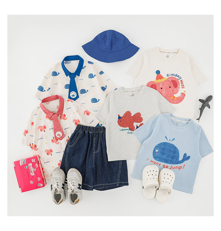 Elephant Whale Shirt ネクタイ付 アニマル 半袖シャツ【mh0012735】