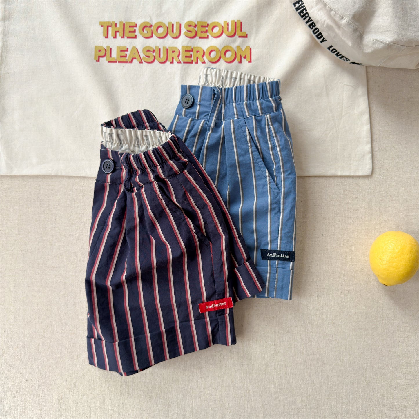 Navy Red Stripe Cotton Shorts ストライプ ショートパンツ【mh0012664】