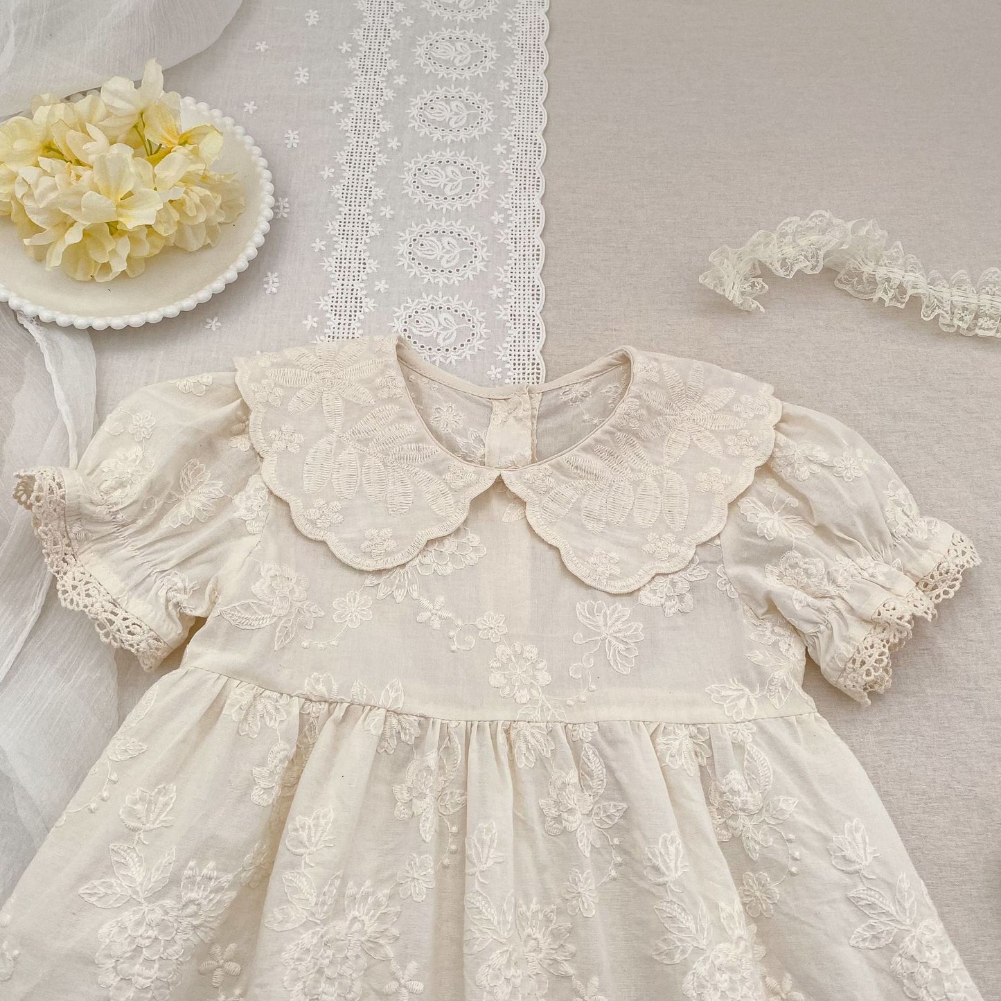 Embroidered Puff Sleeve Romper And Dress 刺繍 パフスリーブ ロンパース ワンピース【mh0013166】