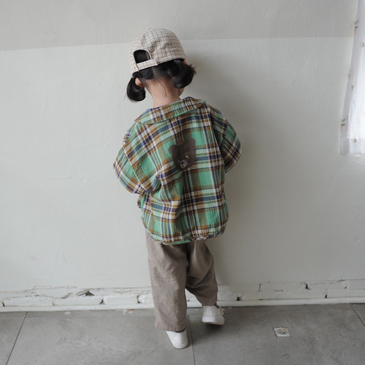 Bear Graphic Plaid Flannel Shirt クマ プリント チェック柄 シャツ【mh0012679】
