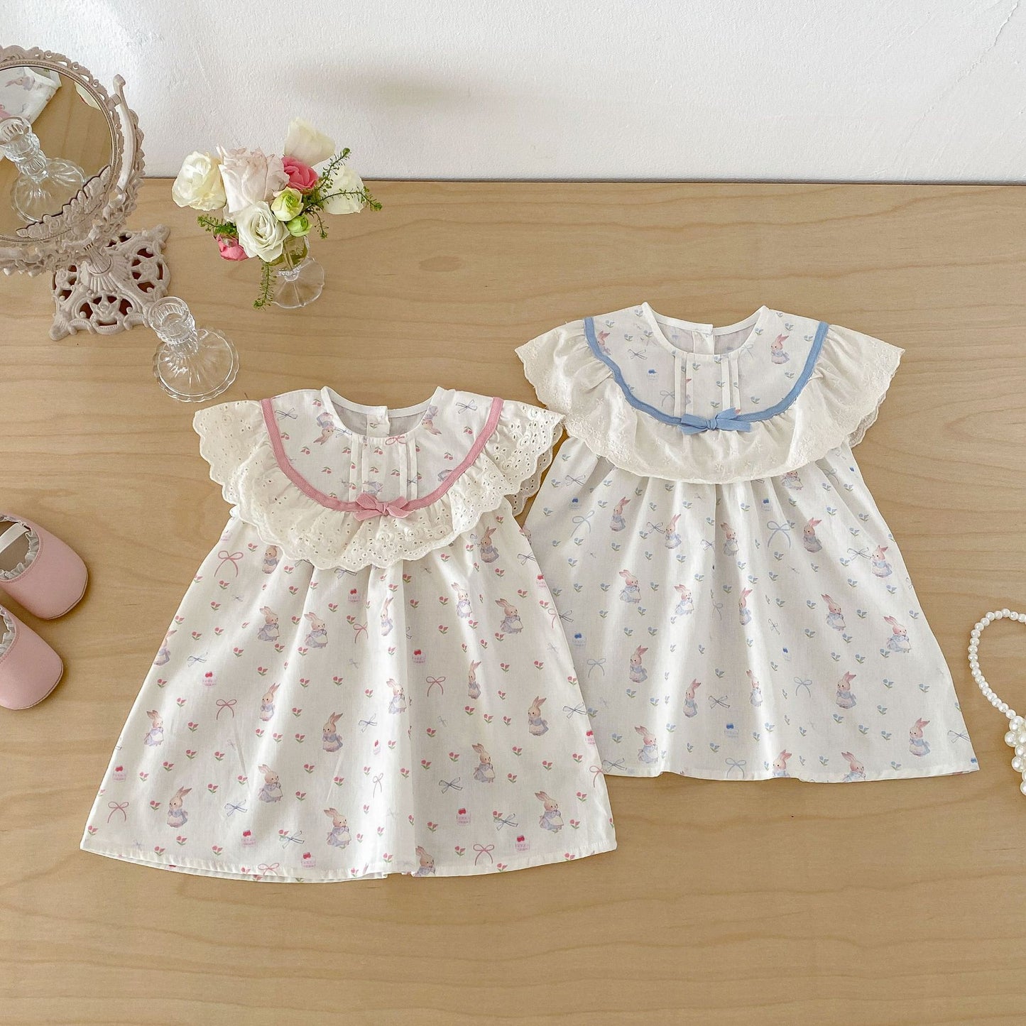 Rabbit Floral Lace Collar Dress ウサギ 花柄 レース襟 ノースリーブ ワンピース【mh0012711】