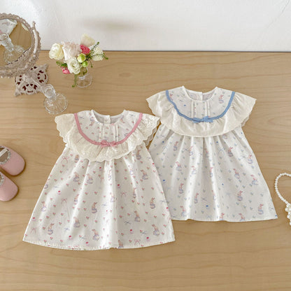 Rabbit Floral Lace Collar Dress ウサギ 花柄 レース襟 ノースリーブ ワンピース【mh0012711】