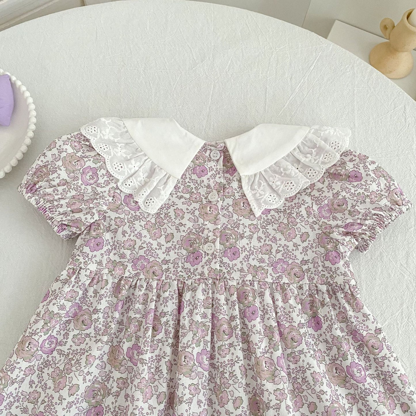 Floral Lace Collar Dress Romper Vestido con cuello de volantes y mangas cortas Mameluco de manga corta【mh0013156】