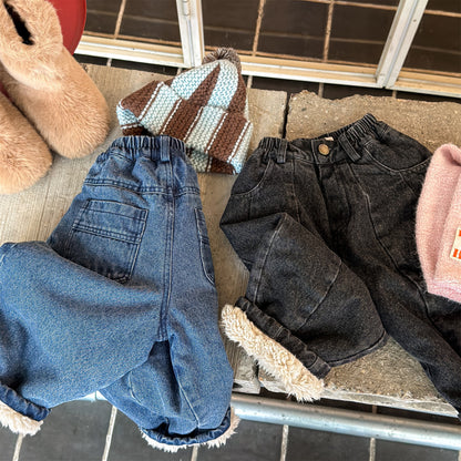 デニムパンツ 裏ボア 裾ボア ドッキング ゆったり ボトムス【mh0011610】