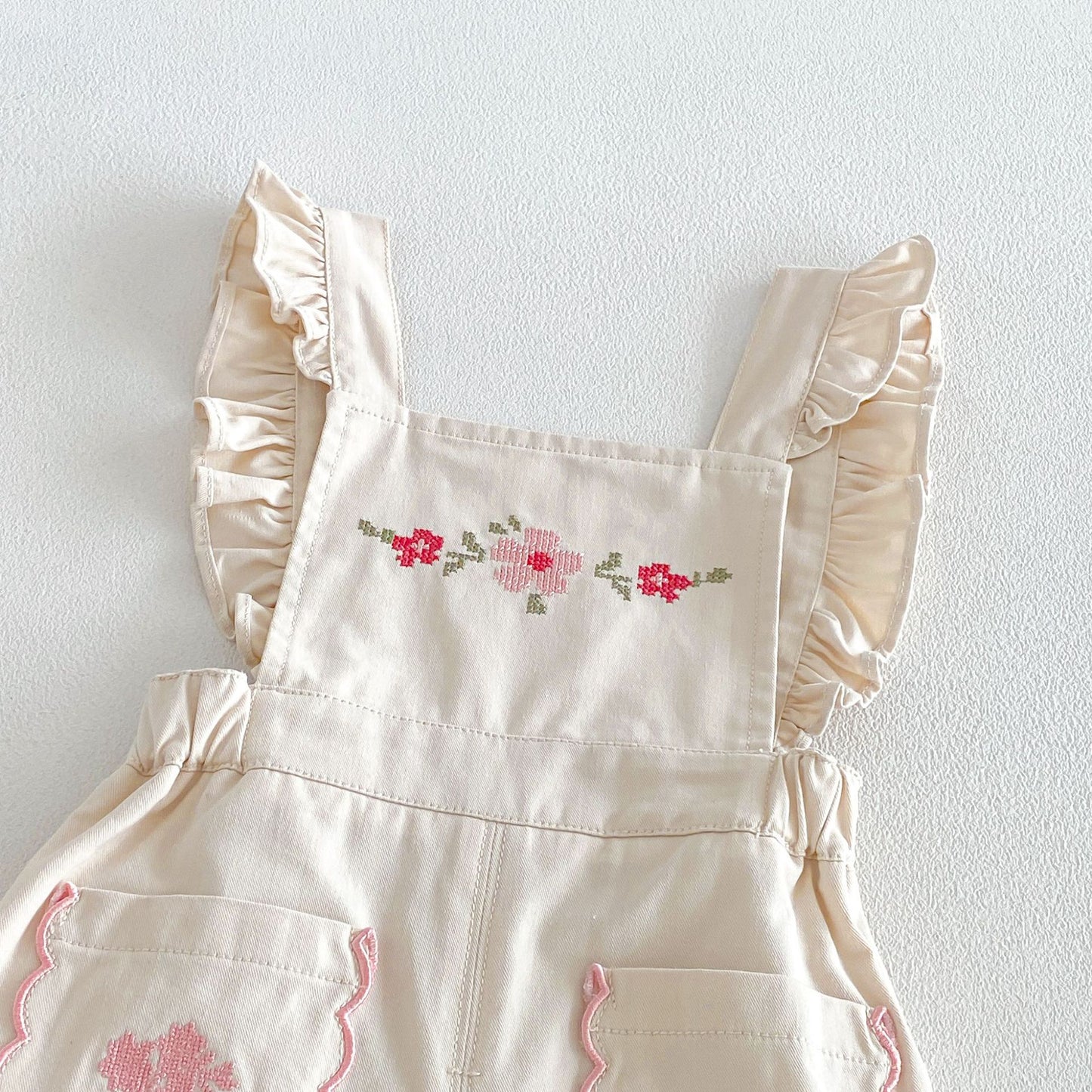 Blusa de manga larga con estampado de cuadros vichy para niños, con bordado floral y peto con pantalón [mh0014043]