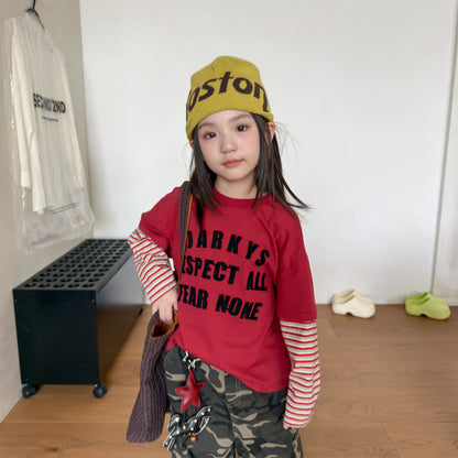 キッズ ボーダープリント レイヤード風 長袖Tシャツ【mh0014556】