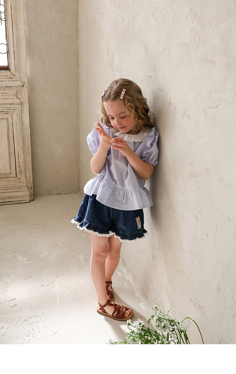 Lace Print Denim Shorts フリル デニムショートパンツ【mh0012981】