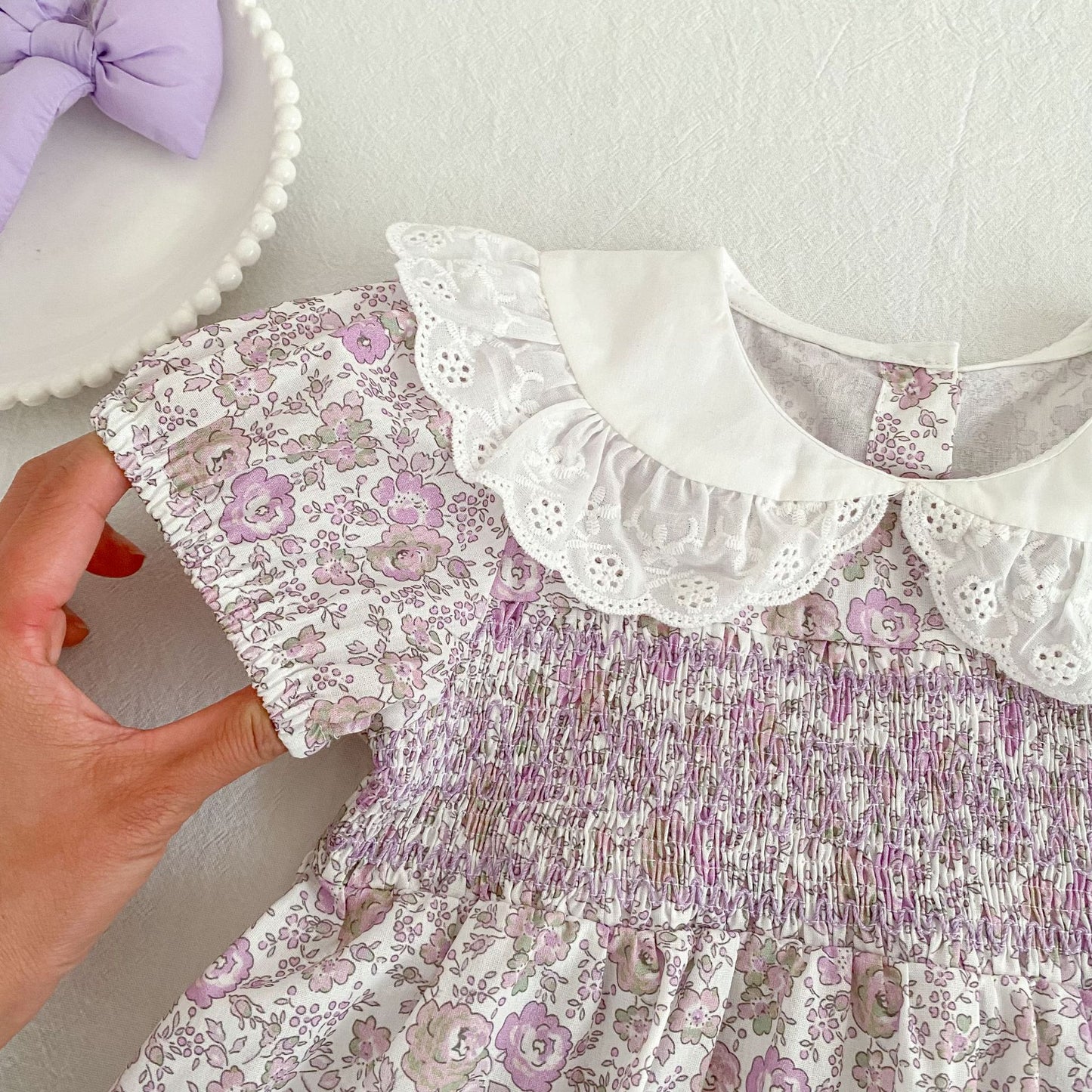 Floral Lace Collar Dress Romper Vestido con cuello de volantes y mangas cortas Mameluco de manga corta【mh0013156】