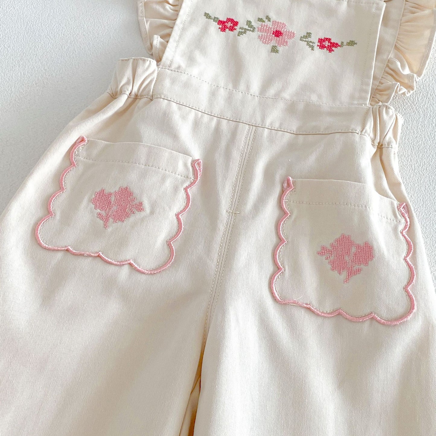 Blusa de manga larga con estampado de cuadros vichy para niños, con bordado floral y peto con pantalón [mh0014043]