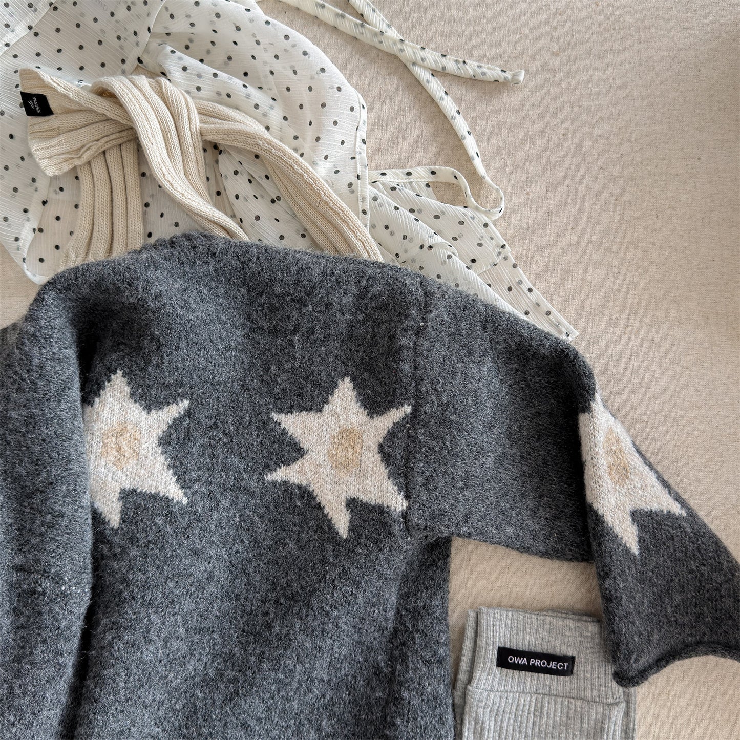 ニットカーディガン スター星 モノトーン ラグラン カジュアル アウター【mh0011612】