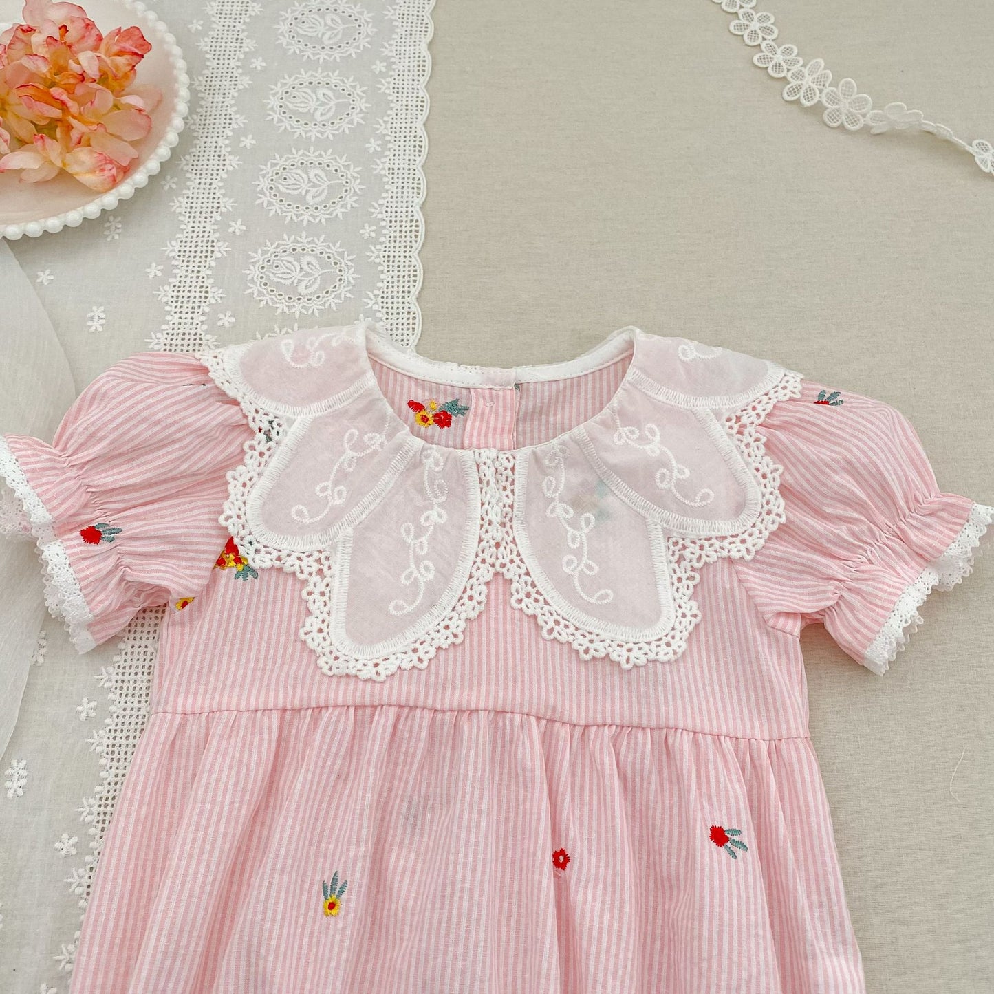 Stripe Embroidery Romper Dress Mono-vestido con bordados de rayas [mh0013168]