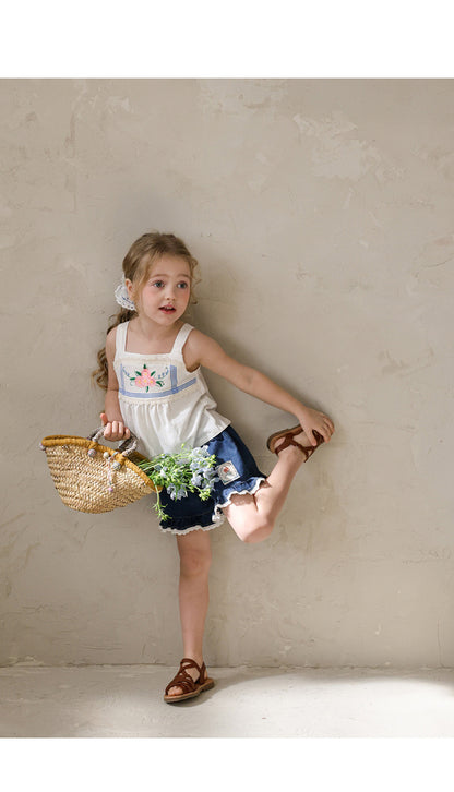 Lace Print Denim Shorts フリル デニムショートパンツ【mh0012981】