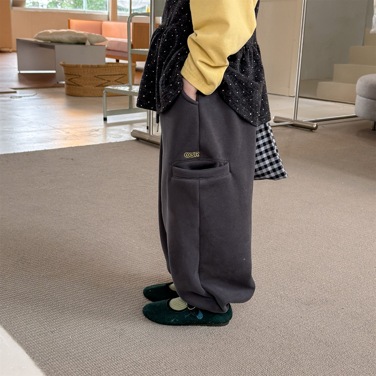 Pantalones largos de felpa para niños, corte holgado con cintura elástica y forro polar [mh0014538]