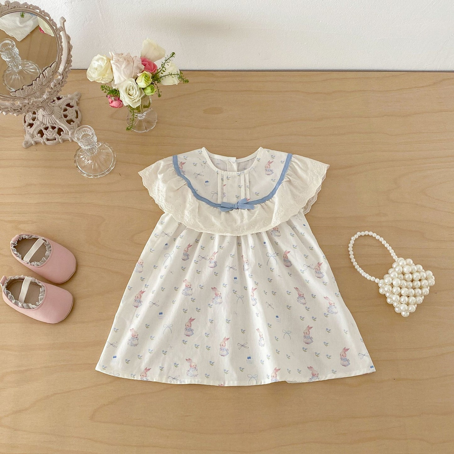 Rabbit Floral Lace Collar Dress ウサギ 花柄 レース襟 ノースリーブ ワンピース【mh0012711】
