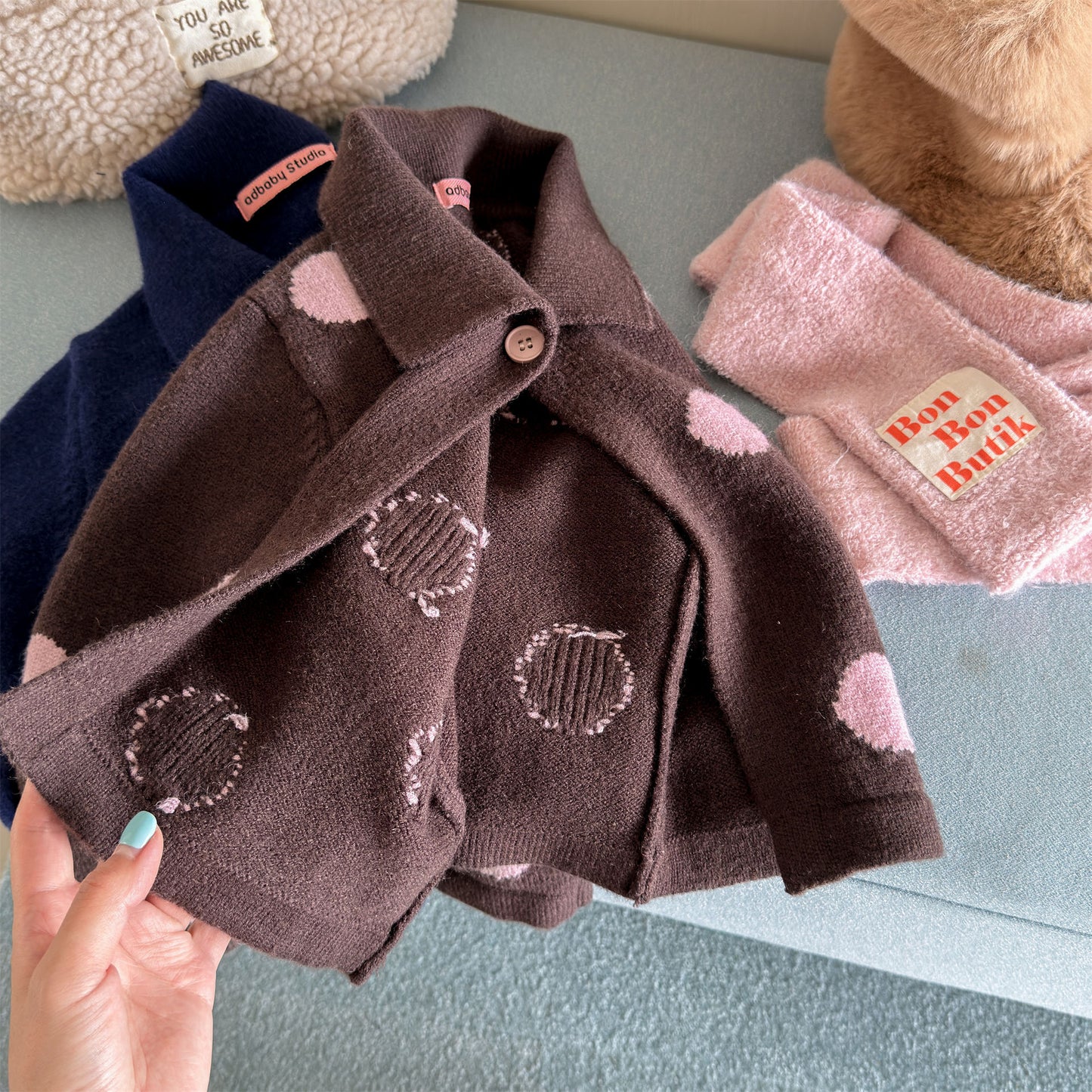 Kids' Polka Dot Collared Button-Up Long-Sleeve Knit Cardigan [mh0014056]