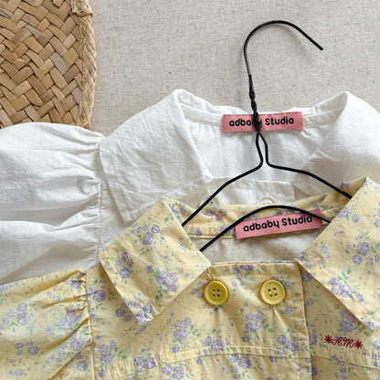 adababy Studioタグ付き花柄コットンシャツ、パフスリーブ、丸襟のボタン
