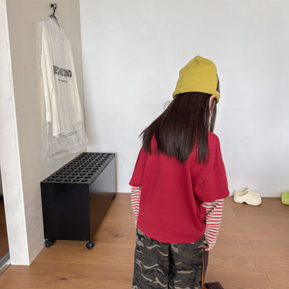 キッズ ボーダープリント レイヤード風 長袖Tシャツ【mh0014556】