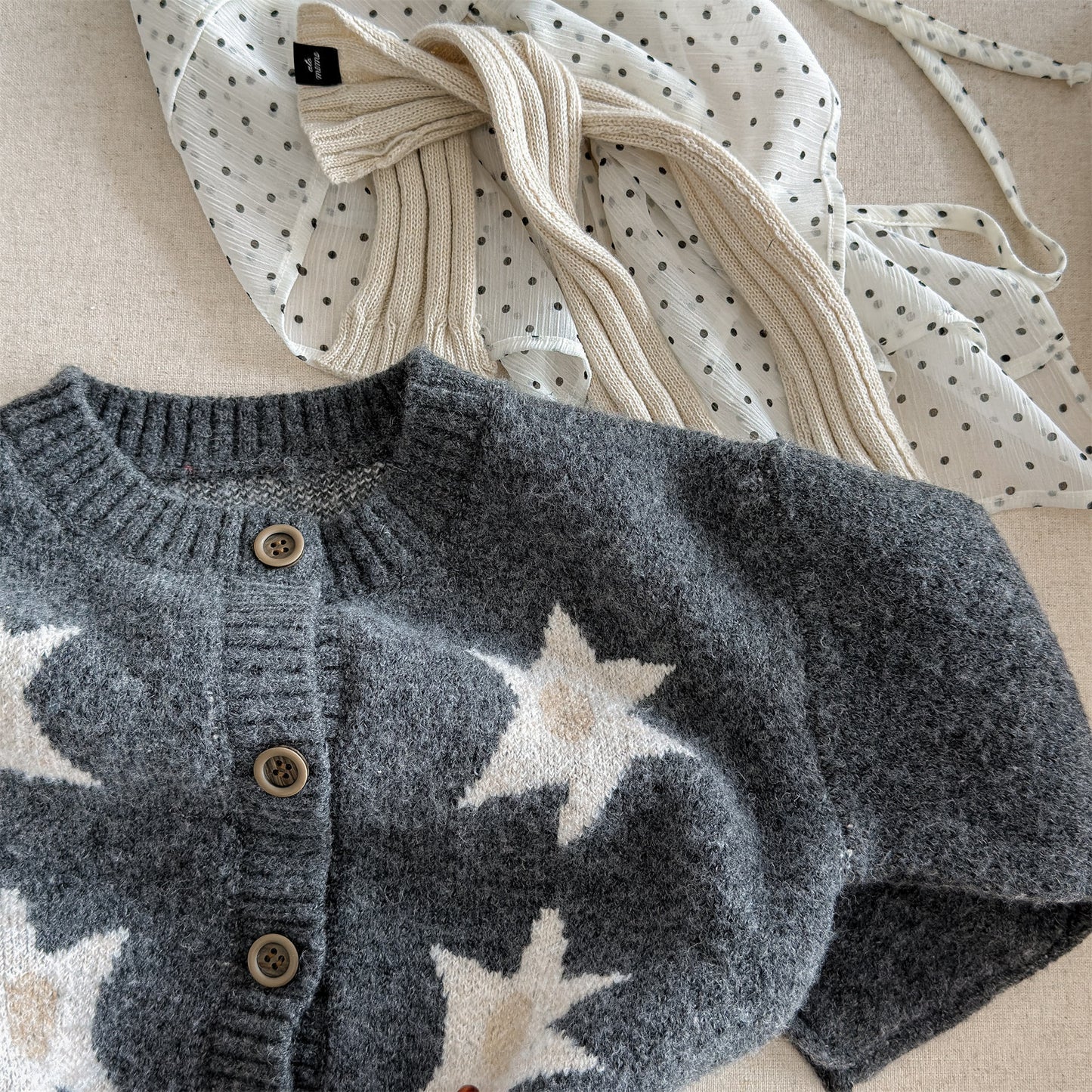 ニットカーディガン スター星 モノトーン ラグラン カジュアル アウター【mh0011612】