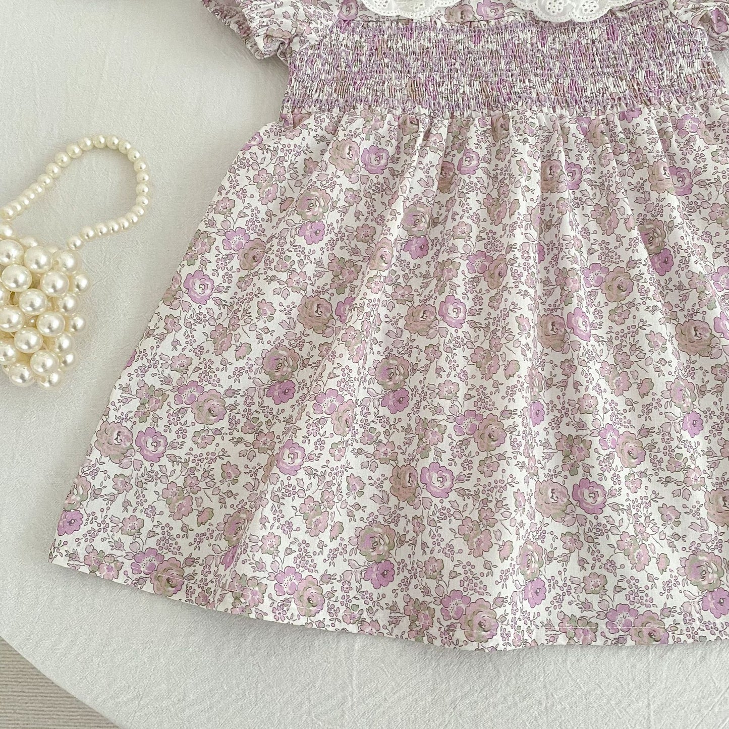 Floral Lace Collar Dress Romper Vestido con cuello de volantes y mangas cortas Mameluco de manga corta【mh0013156】